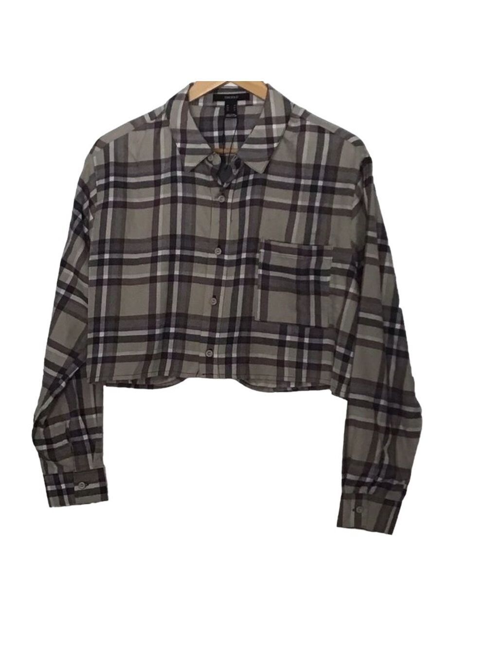 2/40$ FLANNEL plaid checkers Forever 21 oversize Crop blouse plaid beige neutral - Picture 2 of 10